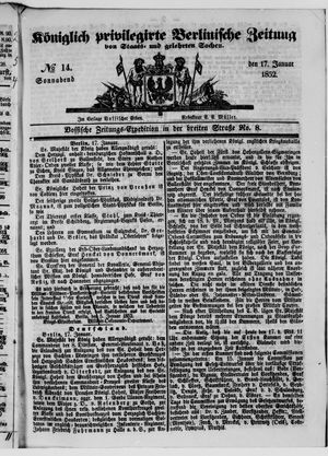 Königlich privilegirte Berlinische Zeitung von Staats- und gelehrten Sachen on Jan 17, 1852
