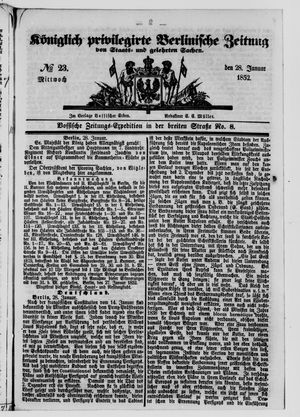 Königlich privilegirte Berlinische Zeitung von Staats- und gelehrten Sachen vom 28.01.1852