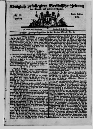 Königlich privilegirte Berlinische Zeitung von Staats- und gelehrten Sachen vom 06.02.1852