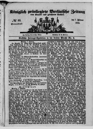 Königlich privilegirte Berlinische Zeitung von Staats- und gelehrten Sachen vom 07.02.1852