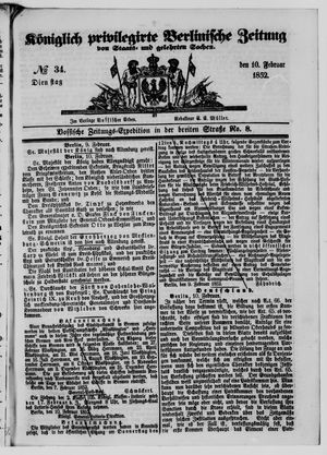 Königlich privilegirte Berlinische Zeitung von Staats- und gelehrten Sachen vom 10.02.1852