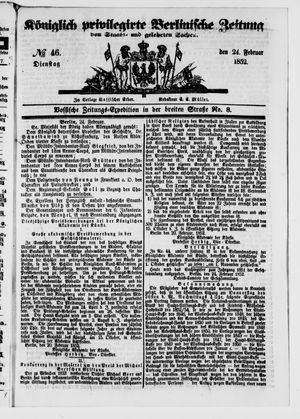 Königlich privilegirte Berlinische Zeitung von Staats- und gelehrten Sachen vom 24.02.1852