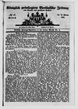 Königlich privilegirte Berlinische Zeitung von Staats- und gelehrten Sachen vom 25.02.1852