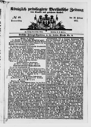 Königlich privilegirte Berlinische Zeitung von Staats- und gelehrten Sachen vom 26.02.1852