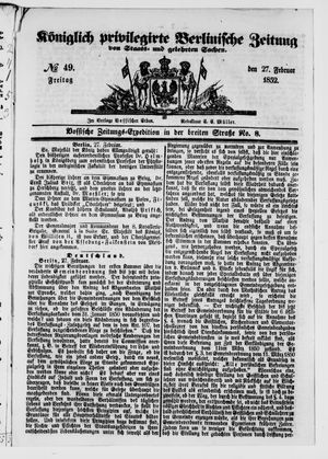 Königlich privilegirte Berlinische Zeitung von Staats- und gelehrten Sachen vom 27.02.1852