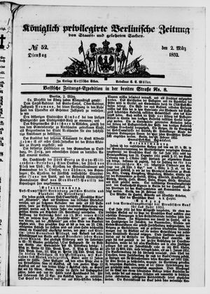 Königlich privilegirte Berlinische Zeitung von Staats- und gelehrten Sachen vom 02.03.1852