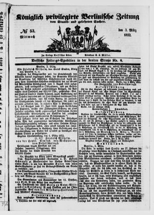 Königlich privilegirte Berlinische Zeitung von Staats- und gelehrten Sachen on Mar 3, 1852