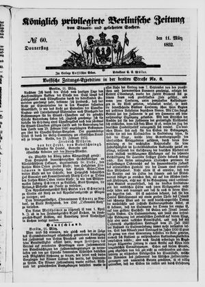 Königlich privilegirte Berlinische Zeitung von Staats- und gelehrten Sachen vom 11.03.1852