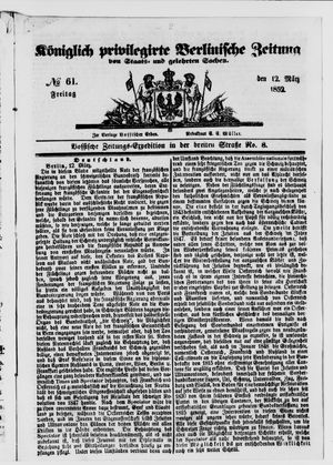 Königlich privilegirte Berlinische Zeitung von Staats- und gelehrten Sachen vom 12.03.1852