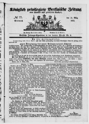 Königlich privilegirte Berlinische Zeitung von Staats- und gelehrten Sachen vom 31.03.1852