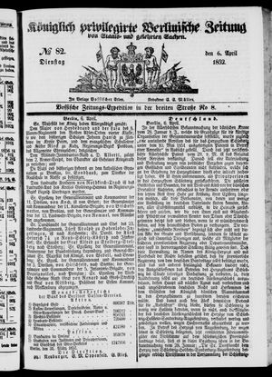 Königlich privilegirte Berlinische Zeitung von Staats- und gelehrten Sachen vom 06.04.1852