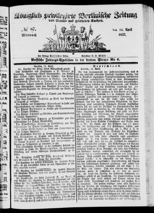 Königlich privilegirte Berlinische Zeitung von Staats- und gelehrten Sachen on Apr 14, 1852