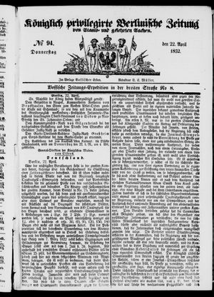 Königlich privilegirte Berlinische Zeitung von Staats- und gelehrten Sachen on Apr 22, 1852