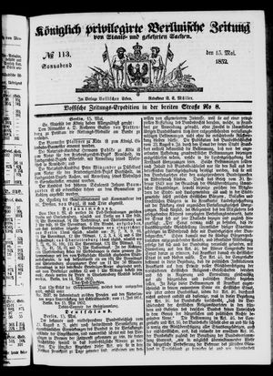 Königlich privilegirte Berlinische Zeitung von Staats- und gelehrten Sachen on May 15, 1852