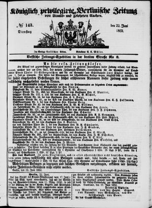 Königlich privilegirte Berlinische Zeitung von Staats- und gelehrten Sachen vom 22.06.1852