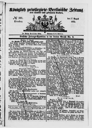 Königlich privilegirte Berlinische Zeitung von Staats- und gelehrten Sachen on Aug 17, 1852