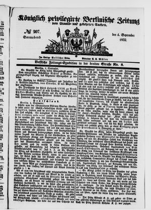 Königlich privilegirte Berlinische Zeitung von Staats- und gelehrten Sachen on Sep 4, 1852