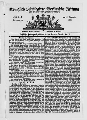 Königlich privilegirte Berlinische Zeitung von Staats- und gelehrten Sachen vom 11.09.1852