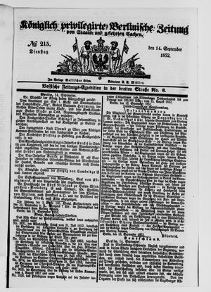 Königlich privilegirte Berlinische Zeitung von Staats- und gelehrten Sachen on Sep 14, 1852