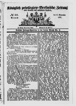 Königlich privilegirte Berlinische Zeitung von Staats- und gelehrten Sachen vom 15.09.1852