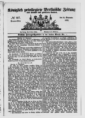 Königlich privilegirte Berlinische Zeitung von Staats- und gelehrten Sachen on Sep 16, 1852