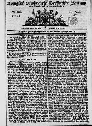 Königlich privilegirte Berlinische Zeitung von Staats- und gelehrten Sachen vom 01.10.1852
