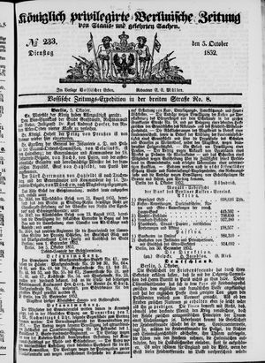 Königlich privilegirte Berlinische Zeitung von Staats- und gelehrten Sachen vom 05.10.1852