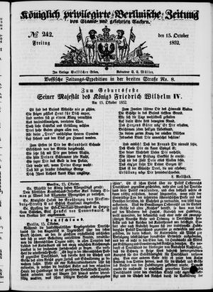 Königlich privilegirte Berlinische Zeitung von Staats- und gelehrten Sachen on Oct 15, 1852