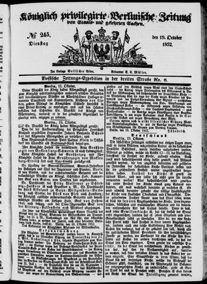 Königlich privilegirte Berlinische Zeitung von Staats- und gelehrten Sachen vom 19.10.1852