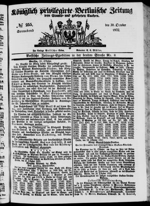 Königlich privilegirte Berlinische Zeitung von Staats- und gelehrten Sachen vom 30.10.1852
