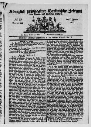 Königlich privilegirte Berlinische Zeitung von Staats- und gelehrten Sachen on Jan 27, 1853