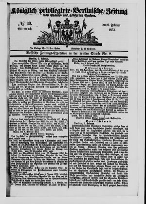 Königlich privilegirte Berlinische Zeitung von Staats- und gelehrten Sachen vom 09.02.1853