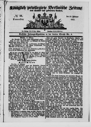 Königlich privilegirte Berlinische Zeitung von Staats- und gelehrten Sachen vom 10.02.1853