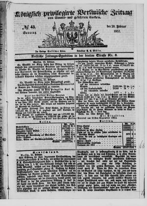 Königlich privilegirte Berlinische Zeitung von Staats- und gelehrten Sachen on Feb 20, 1853