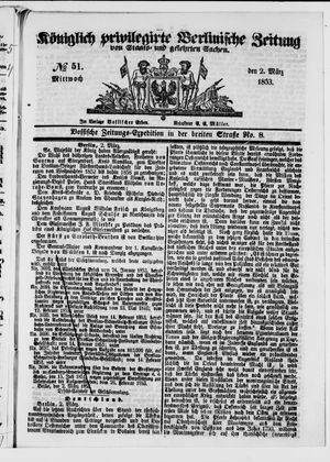 Königlich privilegirte Berlinische Zeitung von Staats- und gelehrten Sachen on Mar 2, 1853