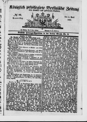 Königlich privilegirte Berlinische Zeitung von Staats- und gelehrten Sachen on Apr 14, 1853