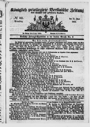 Königlich privilegirte Berlinische Zeitung von Staats- und gelehrten Sachen vom 21.06.1853