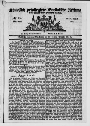 Königlich privilegirte Berlinische Zeitung von Staats- und gelehrten Sachen on Aug 10, 1853