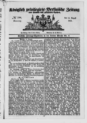 Königlich privilegirte Berlinische Zeitung von Staats- und gelehrten Sachen vom 14.08.1853