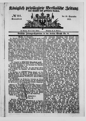 Königlich privilegirte Berlinische Zeitung von Staats- und gelehrten Sachen on Sep 10, 1853