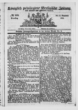 Königlich privilegirte Berlinische Zeitung von Staats- und gelehrten Sachen on Sep 13, 1853