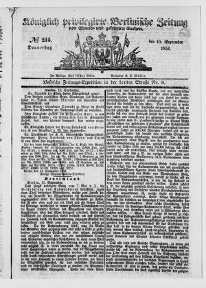 Königlich privilegirte Berlinische Zeitung von Staats- und gelehrten Sachen vom 15.09.1853