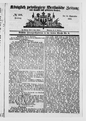 Königlich privilegirte Berlinische Zeitung von Staats- und gelehrten Sachen on Sep 16, 1853