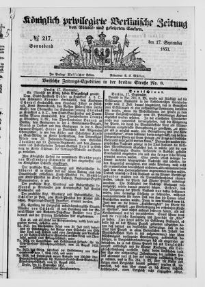 Königlich privilegirte Berlinische Zeitung von Staats- und gelehrten Sachen on Sep 17, 1853