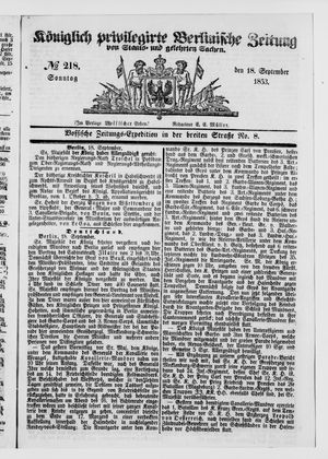 Königlich privilegirte Berlinische Zeitung von Staats- und gelehrten Sachen vom 18.09.1853