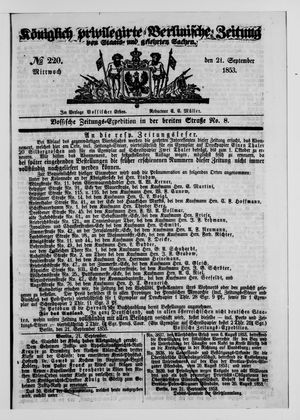 Königlich privilegirte Berlinische Zeitung von Staats- und gelehrten Sachen vom 21.09.1853