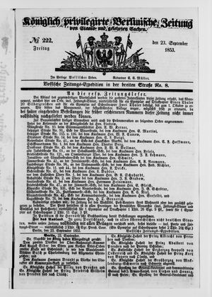 Königlich privilegirte Berlinische Zeitung von Staats- und gelehrten Sachen on Sep 23, 1853