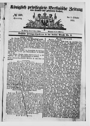 Königlich privilegirte Berlinische Zeitung von Staats- und gelehrten Sachen vom 02.10.1853
