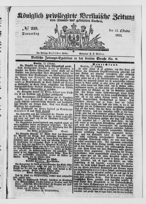 Königlich privilegirte Berlinische Zeitung von Staats- und gelehrten Sachen vom 13.10.1853