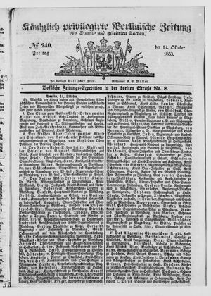 Königlich privilegirte Berlinische Zeitung von Staats- und gelehrten Sachen on Oct 14, 1853